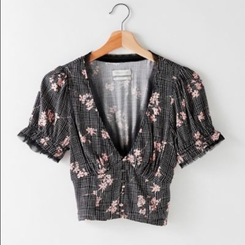 NWT UO Hazel Button-Up Blouse in Black Multi